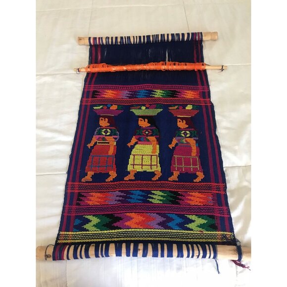 Vtg 1971 Hand Woven Guatemala Textile Art Hung On Sugar Cane 3 Women Multi Color - Picture 1 of 10